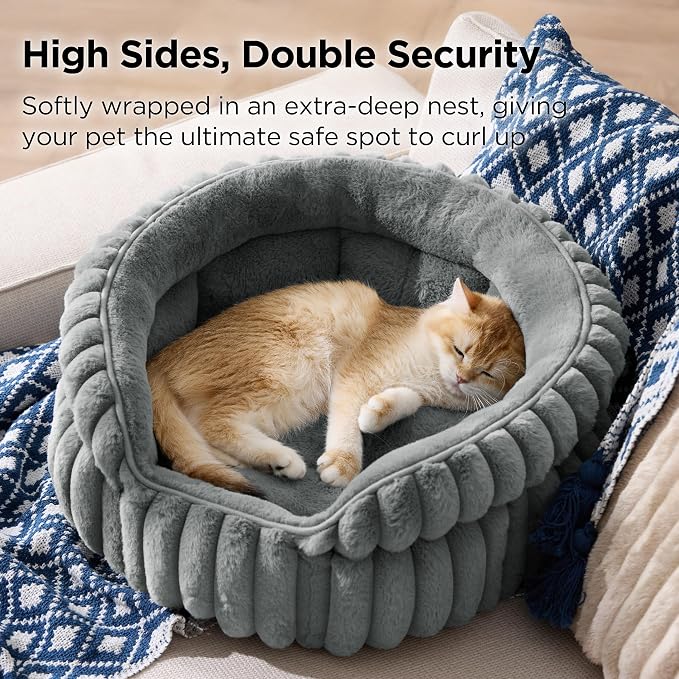 Bedsure ComfyFleece™ Washable Cute Cat Bed,Soft Round Kitten Bed,20in,Gray | Cozy Fluffy Plush Small Dog Bed,Donut Corduroy Cuddler Pet Beds for Small & Large Indoor Cats,Anti-Slip Bottom,Up to 15 Lbs - Image 2