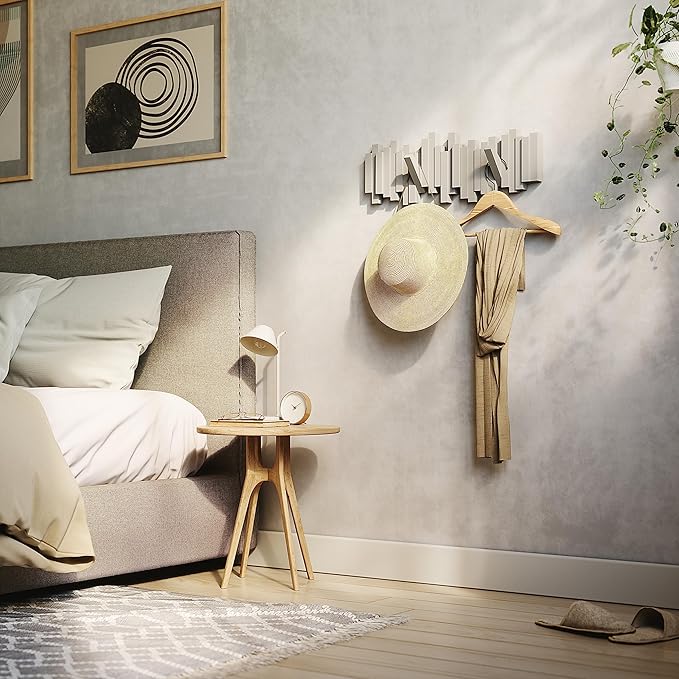 Umbra Sticks Wall Mount Coat Rack, 5 Hook Retractable Pegs, Grey | Mounting hardware included, sculptural modern design, entryway or bedroom use, recycled plastic - Image 9