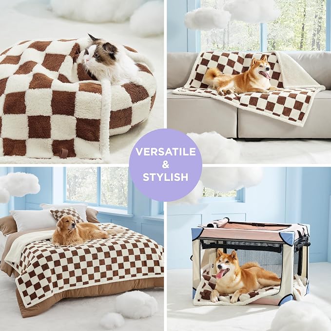 LE SURE Waterproof Dog Blankets for Medium Dogs Cute 3D Jacquard,30x40 | Puppy Blanket for Cat Aesthetic Gift, Warm Soft Sherpa Throw Washable, Reversible Pet Couch Protector, Brown Checks - Image 4