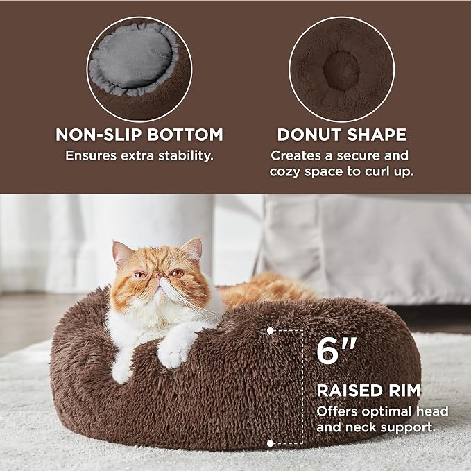 Bedsure Calming Cat Beds Donut Round Washable Kitten Bed,20 inches Coffee | Fluffy Faux Fur Cuddler,Anti-Slip Bottom,Anti-Anxiety,Deep Sleeping for Cats&Small Pets Up to 15 Lbs - Image 2