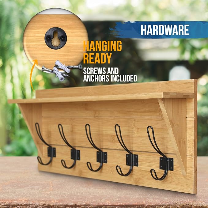 HBCY Creations Rustic Wall Mounted Coat Rack with Shelf - Solid Wood 24" Entryway Shelf with 5 Coat Hangers. Perfect Touch for Your Entryway, Mudroom, Kitchen, Bathroom and More, Bamboo - Image 4