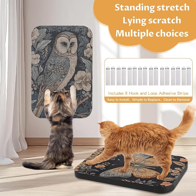 2 Pack Cat Wall Scratcher, Art Cat Scratching Board for Cats | Wall Mounted Cat Scratch Pad, Water-Based Ink, Hook&Loop Strips, Floor or Wall Use, 16.7x11x1 Inch, Owl & Butterfly - Image 3