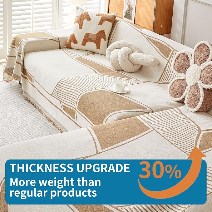 HAOMAIJIA Non Slip Couch Cover - Washable Sofa Covers for 2 Cushion Sectional Couch, Dog & Pet Furniture Protector Blanket for Living Room (Brown-Cream, 71"x118") - Image 3