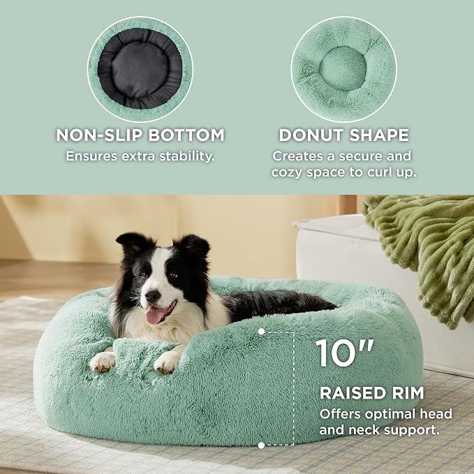 Bedsure Calming Dog Beds Large Sized Dog Donut Washable Pet Bed,36ins | Fluffy Faux Fur Round Cuddler,with Removable Washable Cover,Anti-Slip Bottom,Anti-Anxiety,for Pets Up to 80 Lbs,Apple green - Image 3