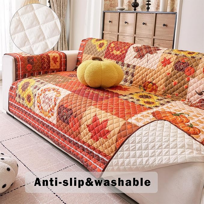 Cmfshape Thanksgiving Sofa Slipcover-Orange Checkered with Pumpkin,Pet Friendly Couch Covers for 3 Cushion Sofa,Washable Sofa Protector for Holiday,Anti-Slip with Elastic Band - Image 3