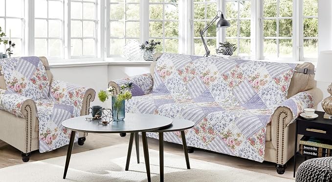 Brilliant Sunshine Rose Violet Floral Couch Armchair Cover, 23" seat | Patchwork Design, Non Slip Sofa Cover, Quilted Furniture Protector, Washable Chair Slipcover for Pets, Dogs, Dogs & Cats - Image 6