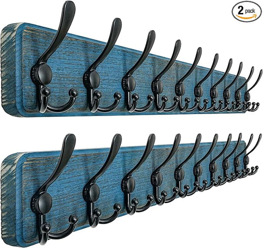 Dseap Coat Rack Wall - Heavy-duty 38-1/4" Long, with Reinforced 10 Custom Tri-Hooks, Solid Wood Wall Hanger for Coats Hat Jackets - Rustic Farmhouse Entryway Storage, Weathered Blue & Black, Pack of 2 by Dseap