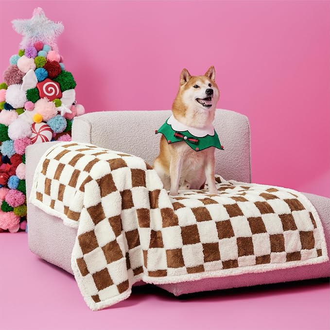 LE SURE Waterproof Dog Blankets for Large Dogs Cute Cozy 3D Jacquard,40x50 | Warm Soft Pet Blanket for Senior Dogs Aesthetic Gift, Washable Sherpa Throw, Reversible Couch Protector, Brown Checks by Lesure