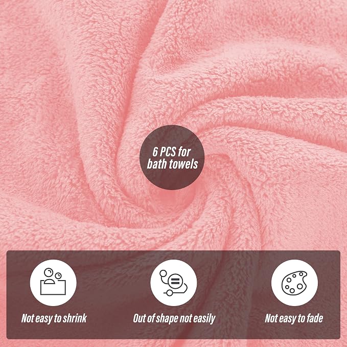 MOONQUEEN 6 Pack Premium Bath Towel Set - Quick Drying - Microfiber Coral Velvet Highly Absorbent Towels - Multipurpose Use as Bath Fitness, Bathroom, Shower, Sports, Yoga Towel (Pink) - Image 4