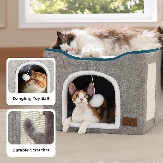 Bedsure Cat House Bed for Indoor Cats with Fluffy Ball and Scratch Pad | Dark Grey 16.5x16.5x13 in,Large Cat Cave for Multiple Pets,Foldable Cat Hideway Cube for Sleeping Kitten - Image 4
