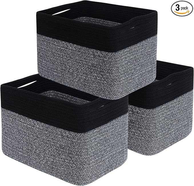 MINTWOOD Design 3-Pack Storage Baskets for Shelves, Playroom and Classroom Storage Basket, Book Basket, Decorative Storage Cube Bins, Woven Closet Organizers, Pantry and Shoe Organizer, Black Grey Mix by MINTWOODDesign