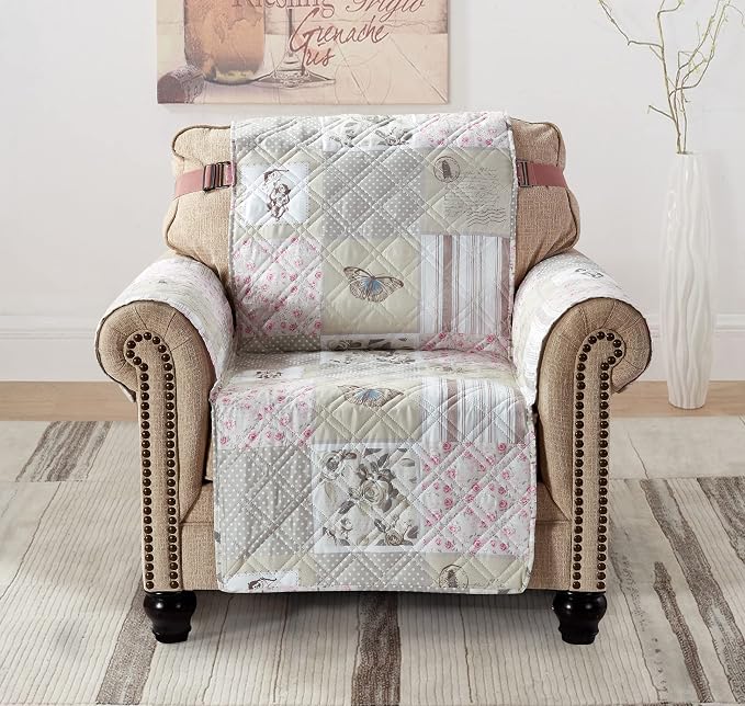 Brilliant Sunshine Grey Cupid & Pink Roses Couch Armchair Cover, 23" seat | Patchwork Design, Non Slip Sofa Cover, Quilted Furniture Protector, Washable Chair Slipcover for Pets, Dogs & Cats - Image 2