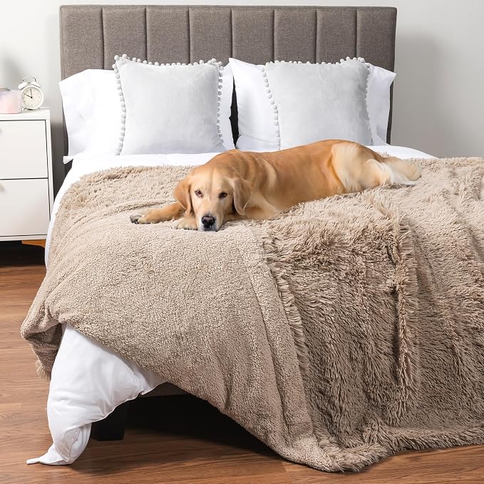 PetAmi Waterproof Dog Blanket for Couch, Queen Bed & Furniture,Reversible Sherpa & Faux Fur Pet Blanket, Leakproof Throw for Large Dog Cat, Washable Soft Calming Sofa Protector (90x90 Taupe) by PetAmi