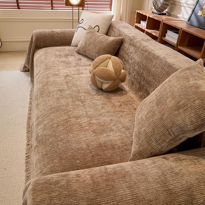 Brown Sofa Cover for Dogs Scratch Non Slip Chenille Couch Cover | Boho Wear Resistant Furniture Protector for Home Decor, Suitable for Chairs, Loveseat, L-Shaped Sofas, Tassels Design - Image 3