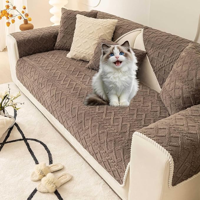 OTOB Sofa Covers for 3 Cushion Couch Washable, All Season Non Slip Plush Dog Couch Cover Geometric Jacquard Sofa Slipcovers, Soft Pet Friendly Furniture Protector, 1 Piece (Chocolate, 35.4"x70.9") by OTOB