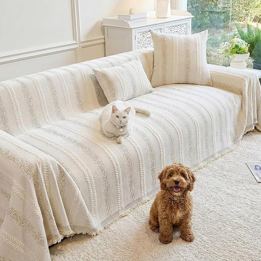 Couch Cover for Dogs Washable Sofa Cover, Sectional Couch Covers, Sofa Covers for 2 Cushion Couch, Non Slip Stripe Sofa Slipcovers Furniture Protector (Beige, 91 * 150) by Unknown