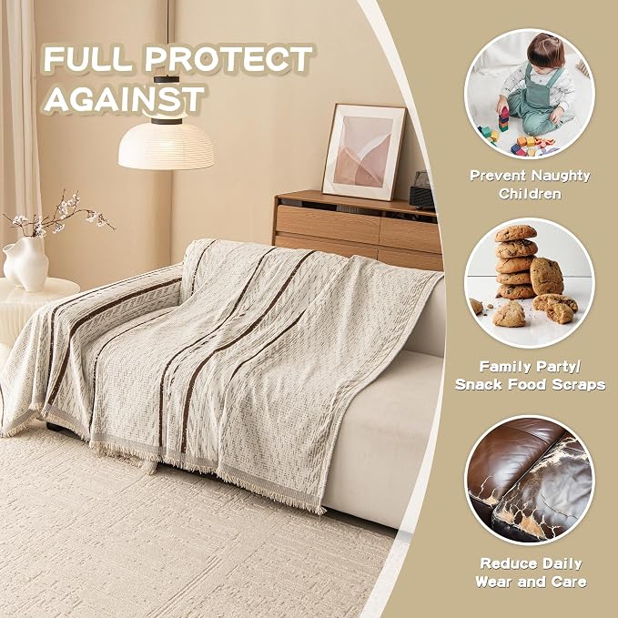 MEETSKY Boho Couch Covers for Sofa, Couch Covers for Dogs, Modern Sofa Slipcover for Sectional Sofa Covers Washable, Chenille Blend Thick Fabric Couch Blanket Cover for Living Room, 71" x 118", Beige - Image 4