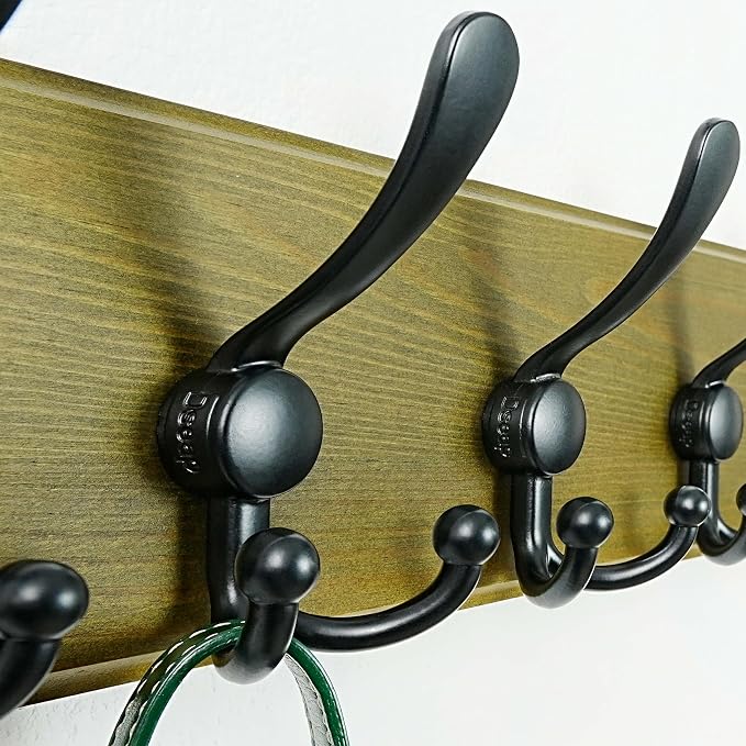 Dseap Wall Mount Coat Hanger - Heavy-Duty Robust Barnwood-Style Wooden Hook Rail with 5 Triple Hooks for Winter Coats, Hats, Jackets, Weathered Green & Black - Image 2