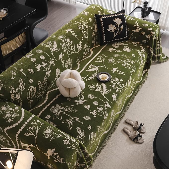 STACYPIK Vintage Jacquard Floral Couch Cover for Dogs, Washable Green Garden Sofa Cover for 3 Cushion Couch, Anti Slip Sofa Covers for Sectional, Boho Chenille Pets Protector for Living Room-71X150IN - Image 8