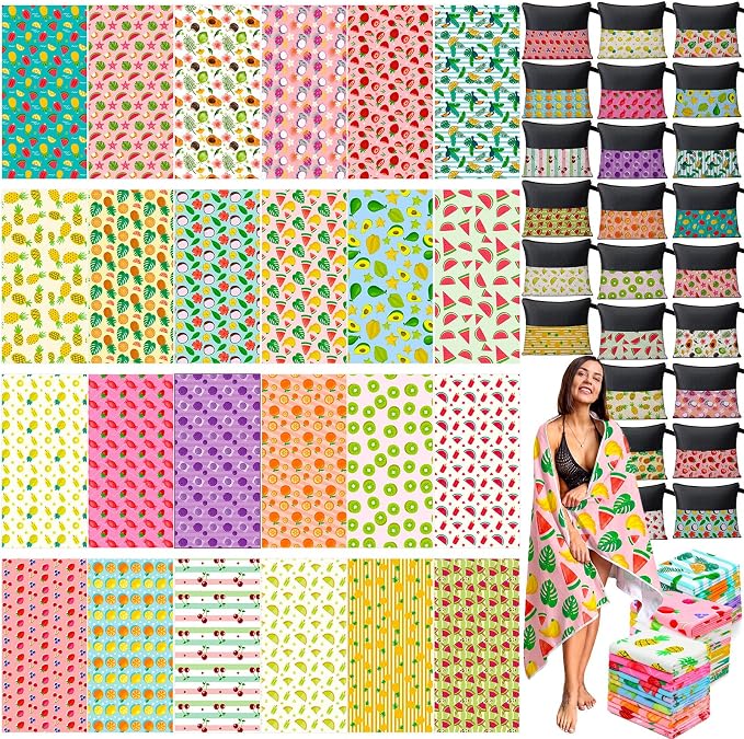 Peryiter 48 Pcs Microfiber Beach Towel with Bags Bulk, 24 Large Quick Dry Pool Towels and 24 Storage Bags, 30 x 60 Inch Fruit Blanket for Beach Swimming Summer Party Camping Travel Women by Peryiter