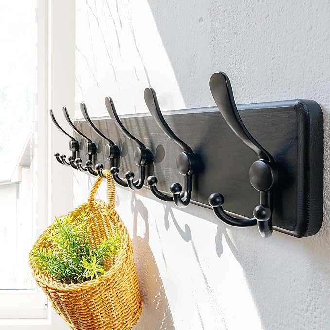 Dseap Coat Rack Wall Mounted - 24" Long 6 Tri Hooks, Heavy Duty Wooden Wall Coat Hanger Coat Hook for Clothes Hat Jacket Clothing, Black, Pack of 2 - Image 4