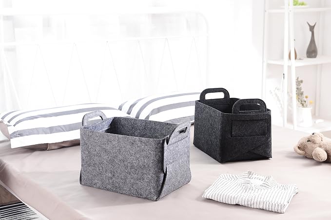 Minoisome Storage Basket Felt Storage Bin Collapsible& Convenient Box Organizer with Carry Handles for Office Bedroom Closet Babies Nursery Toys Laundry (Dark grey, 13.8inch（L）×9.5inch（W）×8.3inch（H）) - Image 3