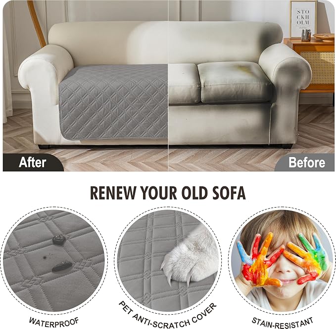 Genina Waterproof Couch Cover,Washable Anti-Slip 78inch Sofa Covers with 3 Cushions,Sectional Couch Covers for Pets Friendly, Sofa Slipcovers for Dogs Cats(78inch/Light Grey) - Image 4