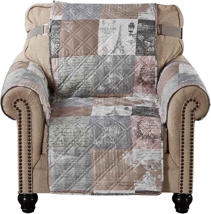 Brilliant Sunshine Latte Grey Paris & Toile Couch Armchair Cover, 23" seat | Patchwork Design, Non Slip Sofa Cover, Quilted Furniture Protector, Washable Chair Slipcover for Pets, Dogs & Cats - Image 2