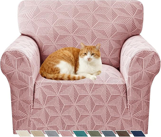 YEMYHOM 1 Piece Stretch Chair Sofa Slipcovers Couch Covers for 1 Seat, Jacquard Armchair Covers with Non-Slip Elastic Bottom, Thickened Furniture Protector for Dogs Pets kids (Small, Pink） by YEMYHOM