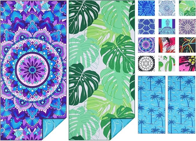 TwoYek Microfiber Beach Towel Extra Large 71x32 Mandala Leaves 2 Pack | Thin & Lightweight, Sand Free, Super Absorbent & Quick Dry, Oversized Towels for Beach Bath Pool Swim Travel Essentials Gift by TwoYek