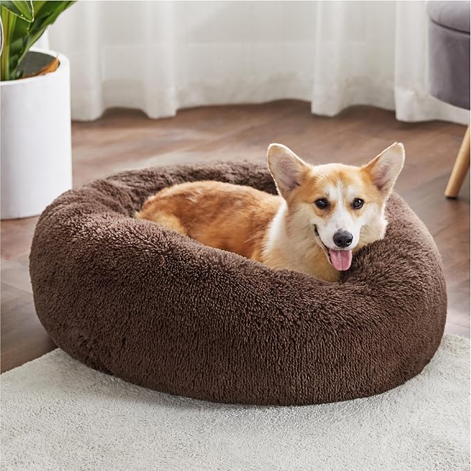 Bedsure Calming Dog Bed Medium Large Size Dogs Washable Pet Bed,33ins | Fluffy Faux Fur Round Donut Cuddler,Machine Washable,Anti-Slip Bottom,Anti-Anxiety,Deep Sleeping for Pets Up to 65 Lbs,Coffee - Image 4