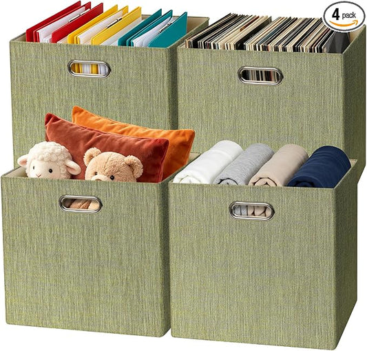 Posprica Foldable Storage Bins, 13×13×13, Yellow/Brown Mixed, Set of 4 | Cubes Basket Containers, For Shelf Cabinet Bookcase, Thick by Posprica