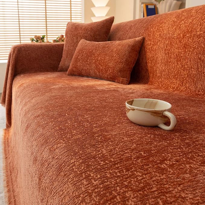 Burnt Orange Thick Slub Chenille Couch Cover Ultra Soft for All Shape Sofa Couch Furniture Protector, Orange Sofa Slipcover Protector for Dogs Pets Kids XL 71x134’’ | for All Shape Sofa Couch Furniture Protector, Orange Sofa Slipcover Protector for Dog... - Image 7