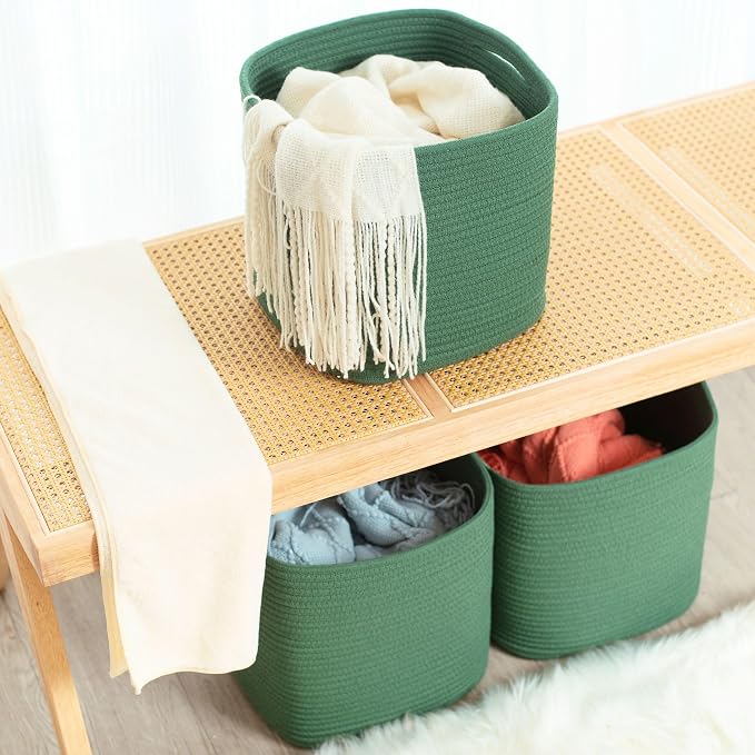 MINTWOOD Design 3-Pack 11x11 Inch Cube Storage Bin, Woven Storage Cube Organizer, Closet Organizer, Cute Square Storage Bins, Decorative Classroom Bathroom Pantry and Shelf Baskets, Green - Image 4