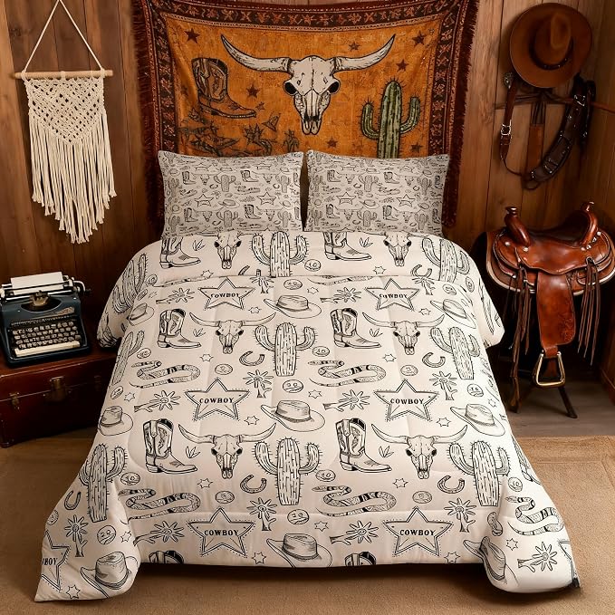 Homewish Western Cowboy Kids Comforter Set Twin Size,Cow Skull Horseshoe Cactus Rustic Bedding Set,Adults Bedroom Decor,Cowboy Boot Hat Farmhouse Down Comforter,Retro Duvet Insert,1 Pillowcase - Image 2