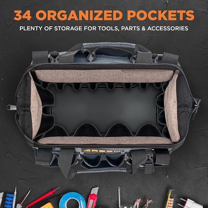 Arbon Electrician Tool Bag, Heavy Duty Tool Organizer, 34 Pockets, 52+ lb | Large storage for men, 5-layer reinforced walls, metal frame, hard molded base, water resistant polyester PP plastic, gray - Image 3