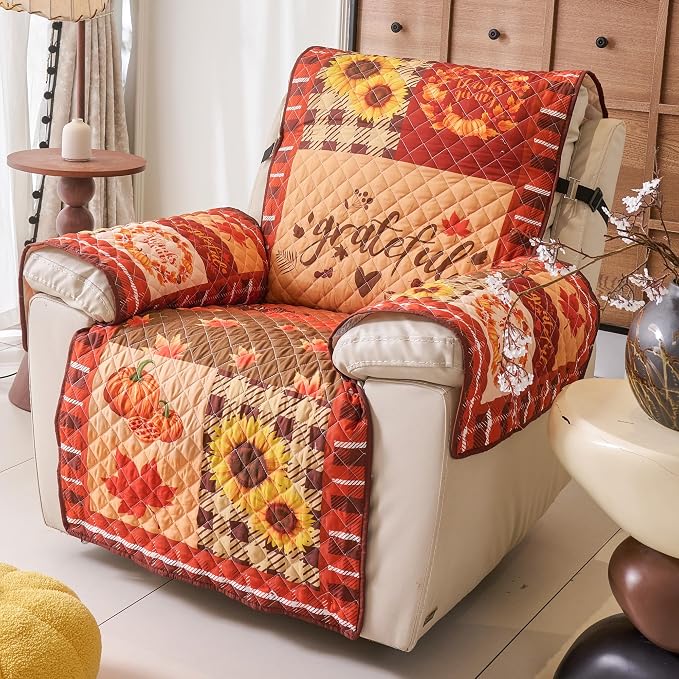 EVENHUG Fall Sofa Cover for Festival Home Decorations Thanksgiving Slipcover Furniture Protector Washable Couch Cover with Non Slip and Elastic Straps for Kids Pets Dogs (Recliner) - Image 5