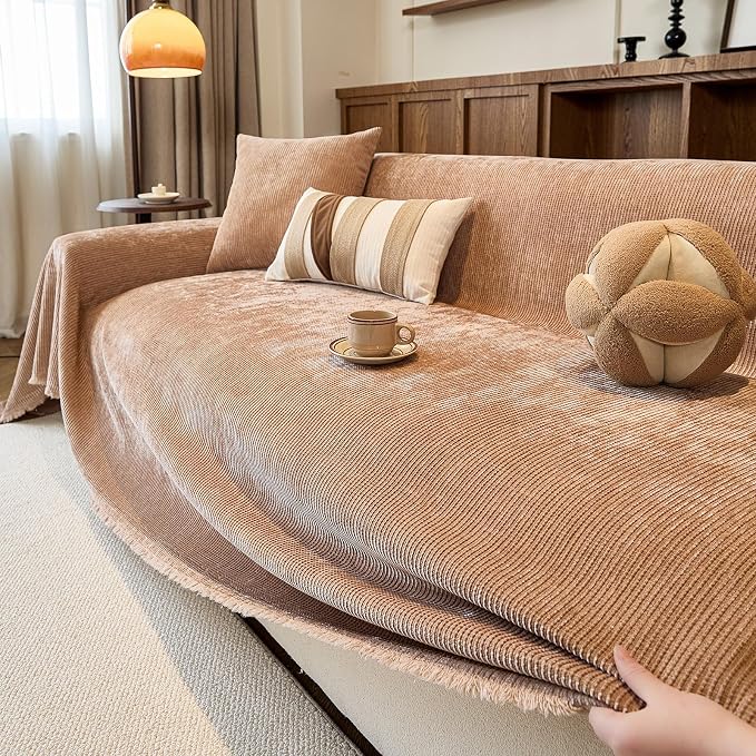 Brown Boho Couch Covers for Sofa Washable for 3 Cushion Couch,71''X134'' | Chenille Furniture Protector Sofa Couch Cover for Dogs, Soft Breathable Sofa Slipcover, Couch Throw Blankets with Tassels - Image 3