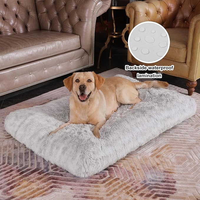 Bedfolks Plush Dog Crate Pad, Washable Faux Fur Kennel Bed for XXL Dogs, Waterproof, 47"x29", Grey - Image 2