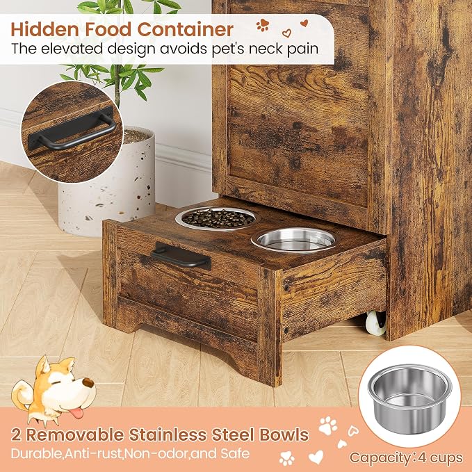 Dog Feeding Station with 2 Elevated Bowls, Pet Feeding Station,Flip Top Dog Food Storage Cabinet, Food Storage Container,Pet Toy Organizer,Modern Organizer,Brown - Image 4