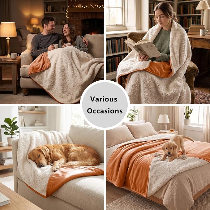 Waterproof Blanket for Couch - Dog Throw as Furniture Protector | Cozy Sherpa & Smooth Velvet, Reversible and Machine Washable, for Couch and bed, 50"x60", Orange - Image 6