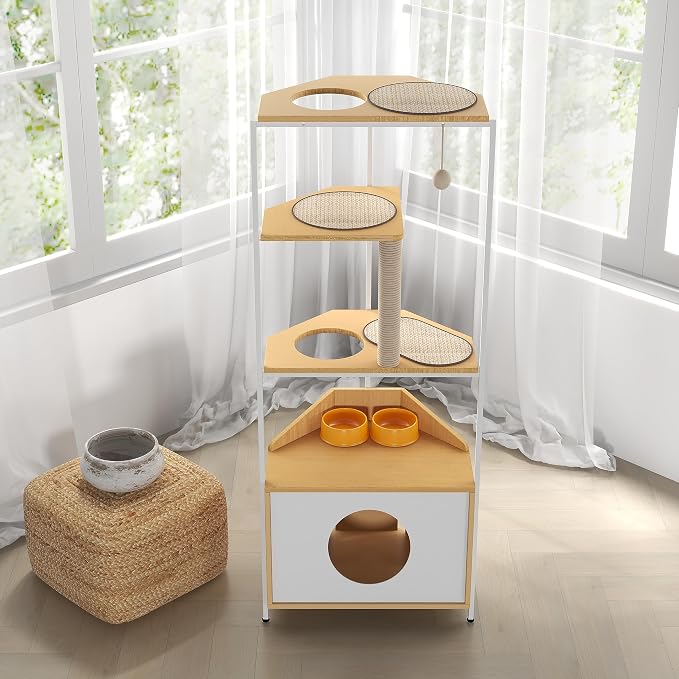 Corner Cat Tower, Cat Tree with Scratching Post, Cat Condo with Feeding Station and Climbing Platforms, Pet Furniture for Indoor Cats - Image 3