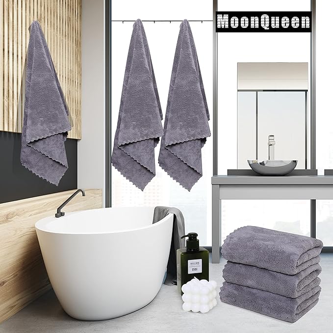 MOONQUEEN 6 Pack Premium Bath Towel Set - Quick Drying - Microfiber Coral Velvet Highly Absorbent Towels - Multipurpose Use as Bath Fitness, Bathroom, Shower, Sports, Yoga Towel (Grey) - Image 2