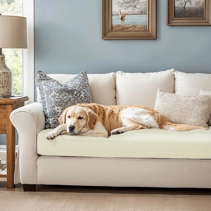 CHUN YI Large Couch Cushion Cover Stretch for 3 Set Sofa, Sofa Seat Slipcovers for Pets, Suitable for Armchair Loveseat Sofa with Spandex Jacquard Washable Fabric (Large,Ivory White/Cream) - Image 2