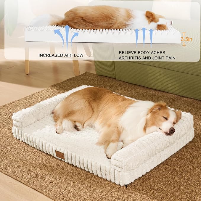 Orthopedic Calming Large Dog Bed Pet Sofa Bed 48''X30'' Ivory | 3-Sided Pet Couch Large Sized Dog, Soft Egg-Crate Foam Dog Mat, Waterproof Removable Washable Cover, Nonskid Bottom Cat Bed - Image 5