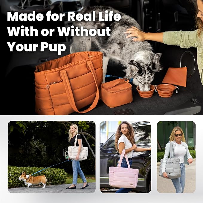 Rubyloo Puffer Dog Travel Bag for Dog Moms, Diaper Bag with Travel Bowls | 2 BPA-Free Collapsible Bowls, 2 Pet Food Containers, 9 Pockets, Everyday Puffer Bag Works With or Without Your Dog, Rust - Image 5