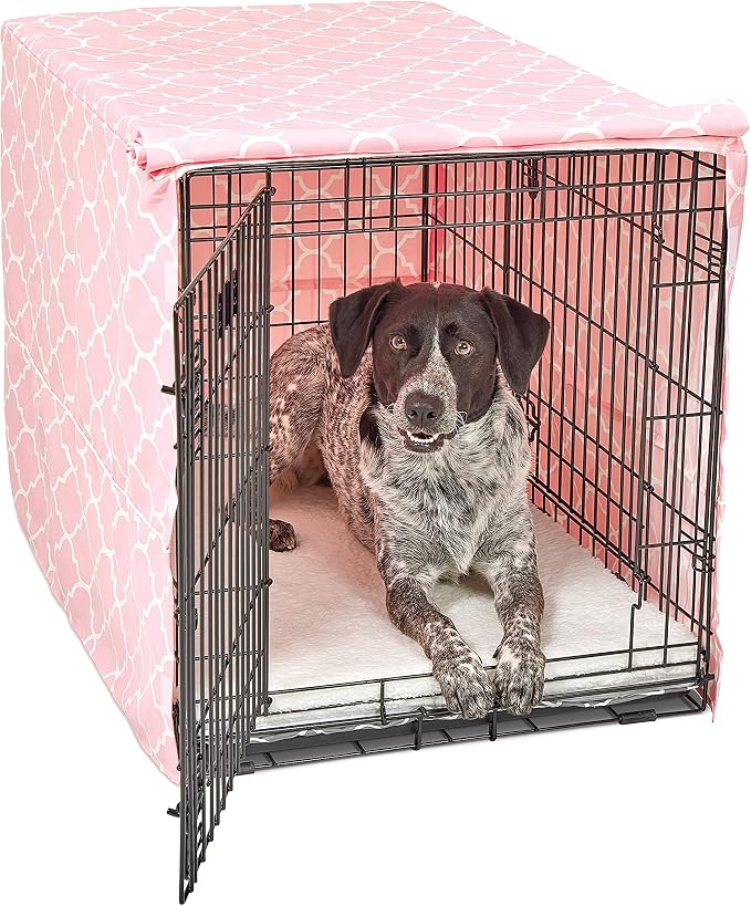 MidWest Homes for Pets Intermediate Dog Crate Cover Featuring Teflon Fabric Protector, Poly-Cotton Privacy Kennel Cover Fits Most 36-Inch Crates, Pink Designer Print, Machine Washable, Reduces Barking by NewWorldPetProducts