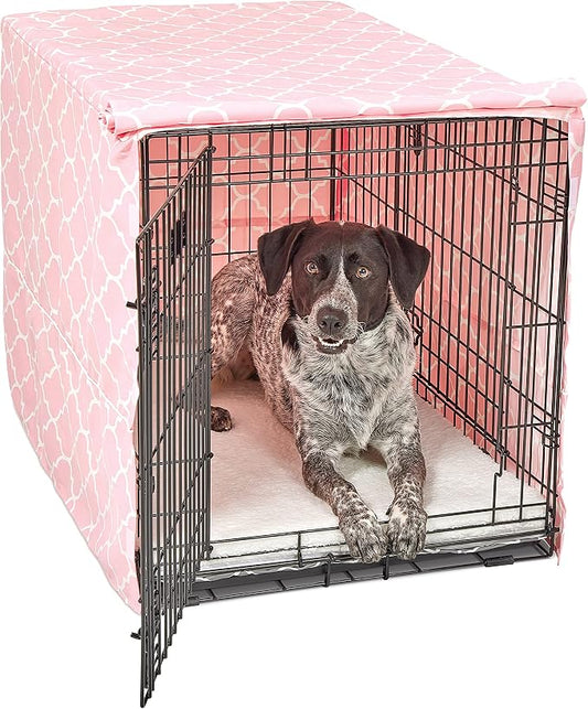 MidWest Homes for Pets Intermediate Dog Crate Cover Featuring Teflon Fabric Protector, Poly-Cotton Privacy Kennel Cover Fits Most 36-Inch Crates, Pink Designer Print, Machine Washable, Reduces Barking by NewWorldPetProducts