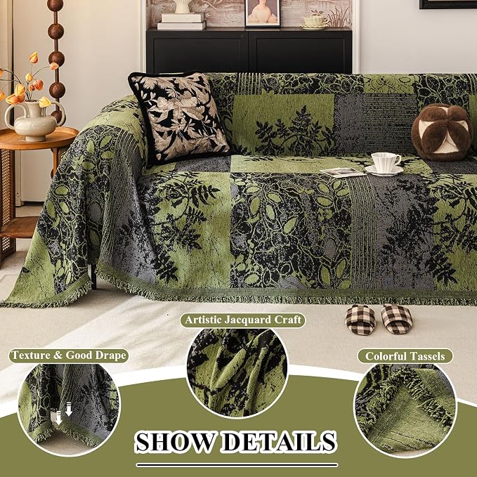 STACYPIK Vintage Patchwork Couch Cover for Dogs Floral Jacquard Sofa Cover | Brown, Thick, 3 Cushion Couch with Tassels, Boho Non Slip Couch Protector for Sectional, Washable Pet Sofa Blanket-71X134IN - Image 4