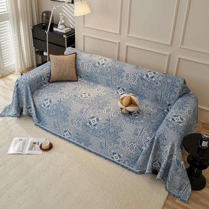 DREAMINGO Couch Covers for Sofa Boho Geometric Jacquard Vintage Sofa Covers 3 Seater Non Slip Chenille Furniture Protector for Dogs Pets Washable Sectional Couch Slipcovers, Blue, 71"x134" - Image 7
